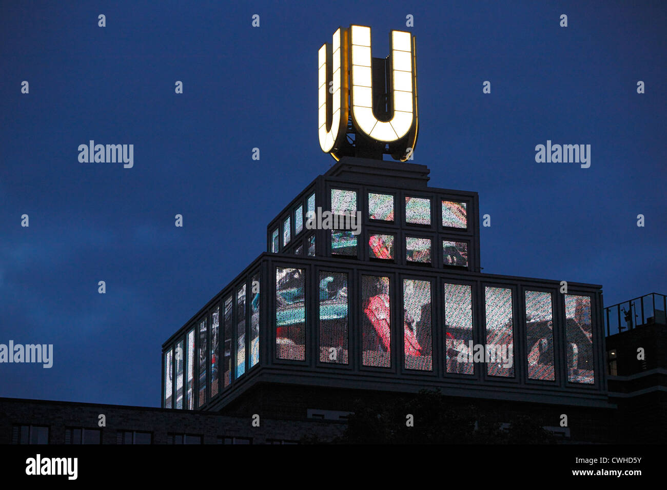 D-Dortmund, Ruhr area, Westphalia, North Rhine-Westphalia, NRW, beer town Dortmund, former beer brewery, Dortmunder U, company logo of the Dortmund Union Brewery, Centre for Art and Creativity, film installation Flying Pictures by Adolf Winkelmann, Route Stock Photo