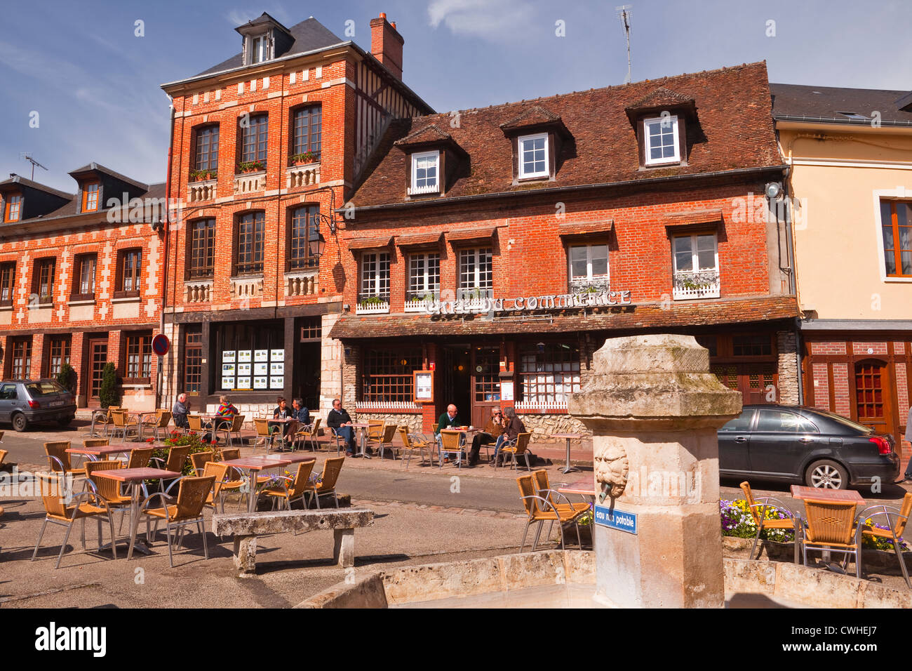Looking across the main square in Lyons La Foret, France. Stock Photo