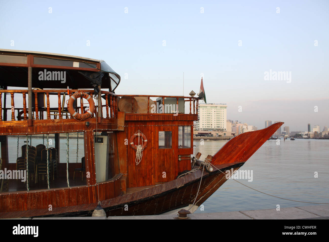 Emirates. Dubai. Recreational tourist vessel near berth in Dubai Creek Stock Photo