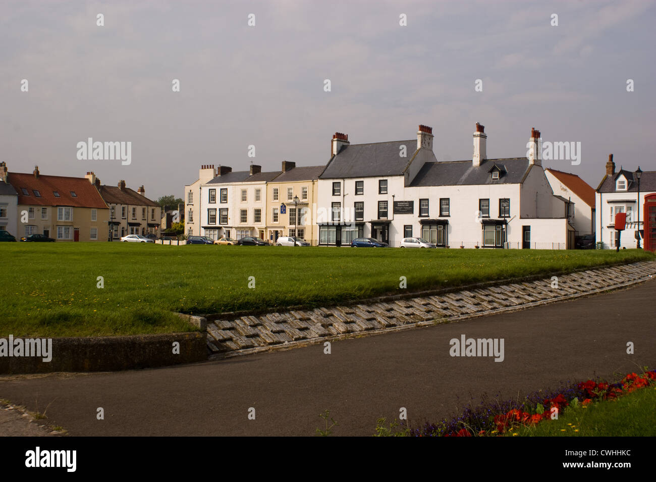 SEATON CAREW HARTLEPOOL VILLAGE GREEN WITH OLD VICTORIAN TERRACE HOUSES