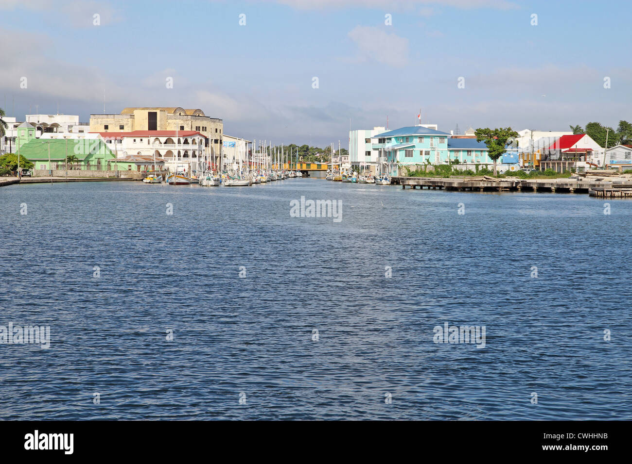 The Belize River and swing bridge in Belize City from the cruise ship terminal Stock Photo