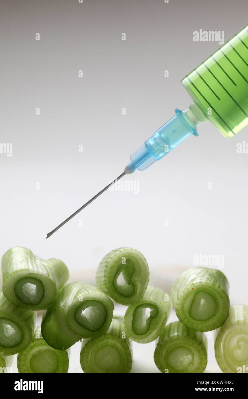 Injection into fresh young onion Stock Photo