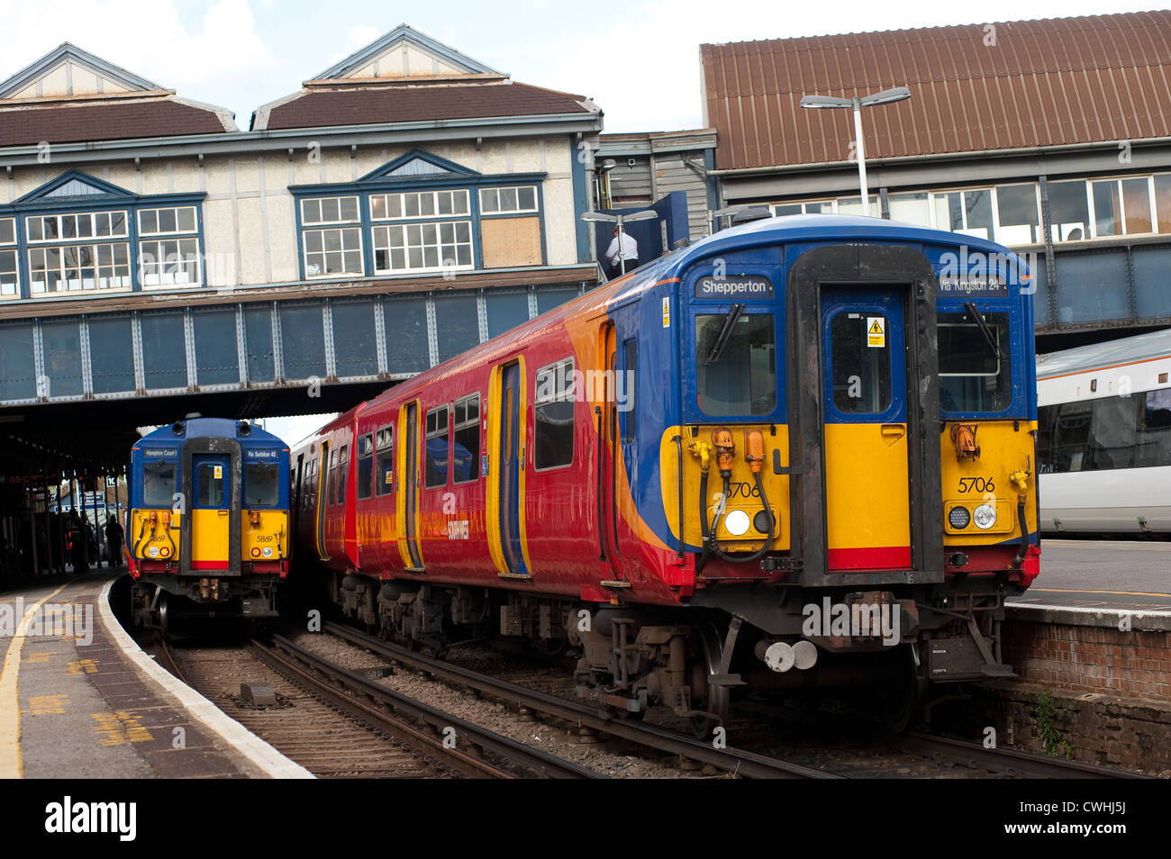 Class 455 passenger trains in South West Trains livery at Clapham Junction station, England. Stock Photo