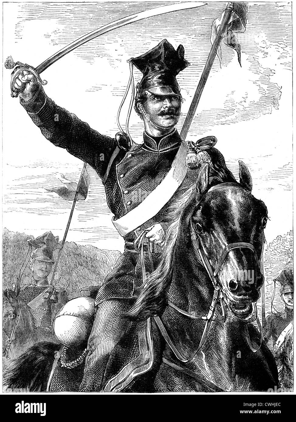 A Prussian Uhlan from the Franco Prussian War. An uhlan was a light cavalry armed with lances, sabres and pistols. Stock Photo