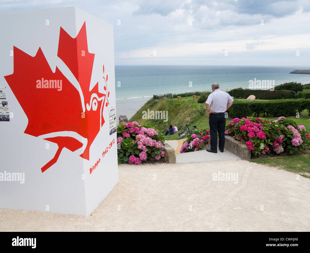 placard re the 50th anniversary of events and the loss of Canadian men in Operation Jubilee, Normandy 1942 Stock Photo