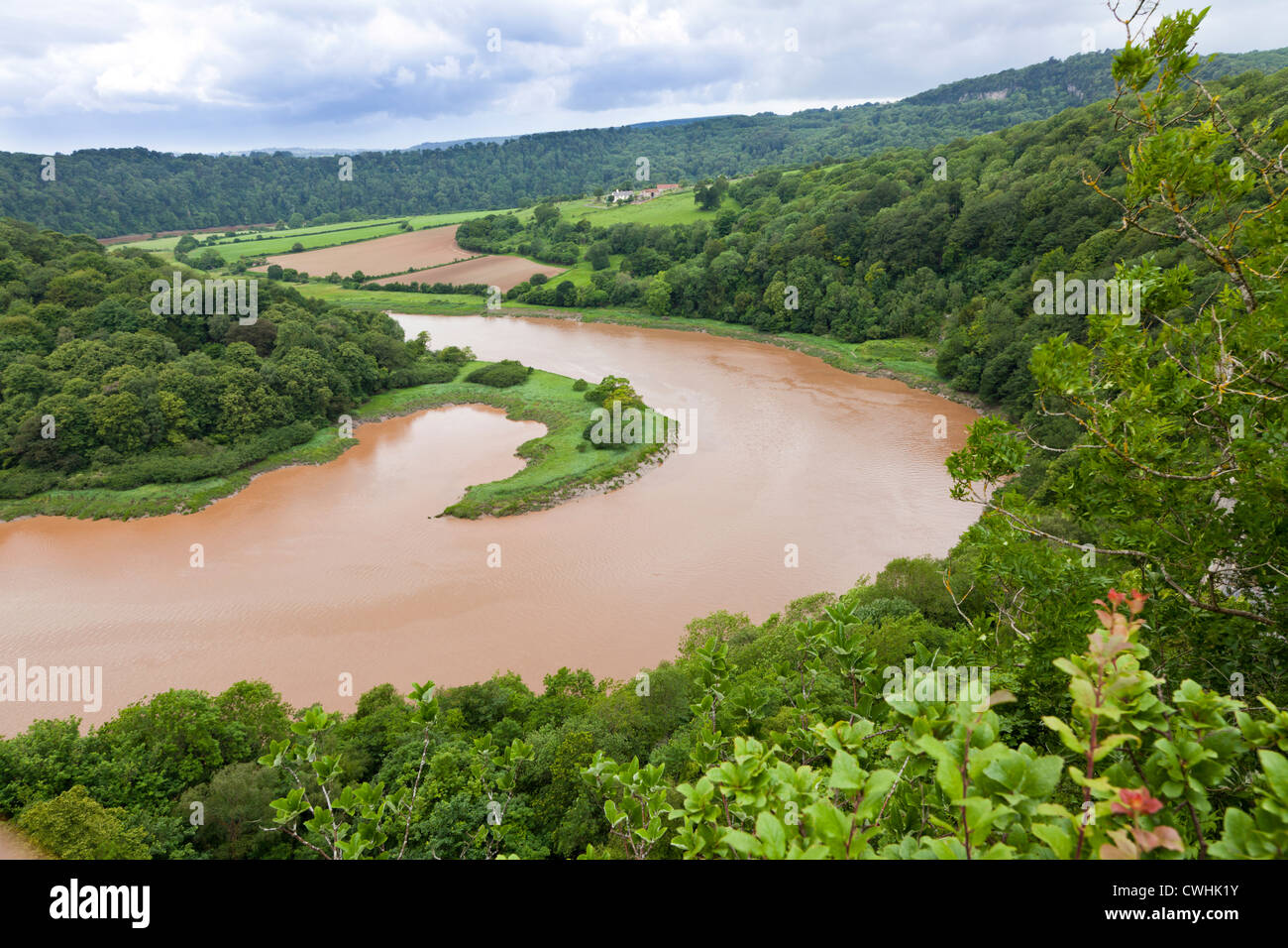 A sharp bend in the River Wye at high water viewed from Wintours Leap in the Forest of Dean, Gloucestershire, UK Stock Photo