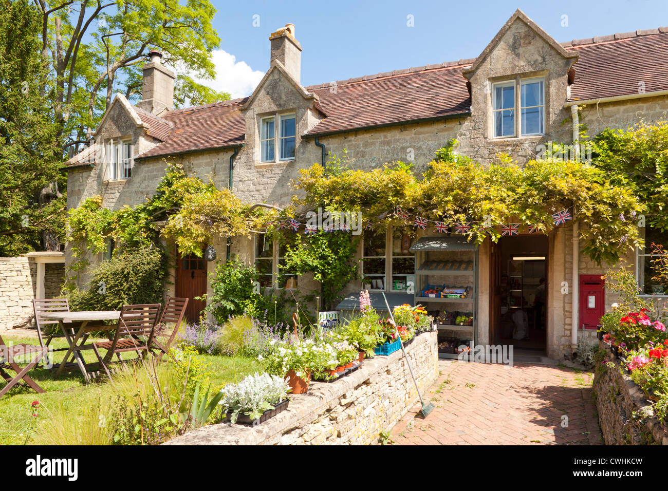 The village shop and tea room in the Cotswold village of Sherborne, Gloucestershire, UK Stock Photo