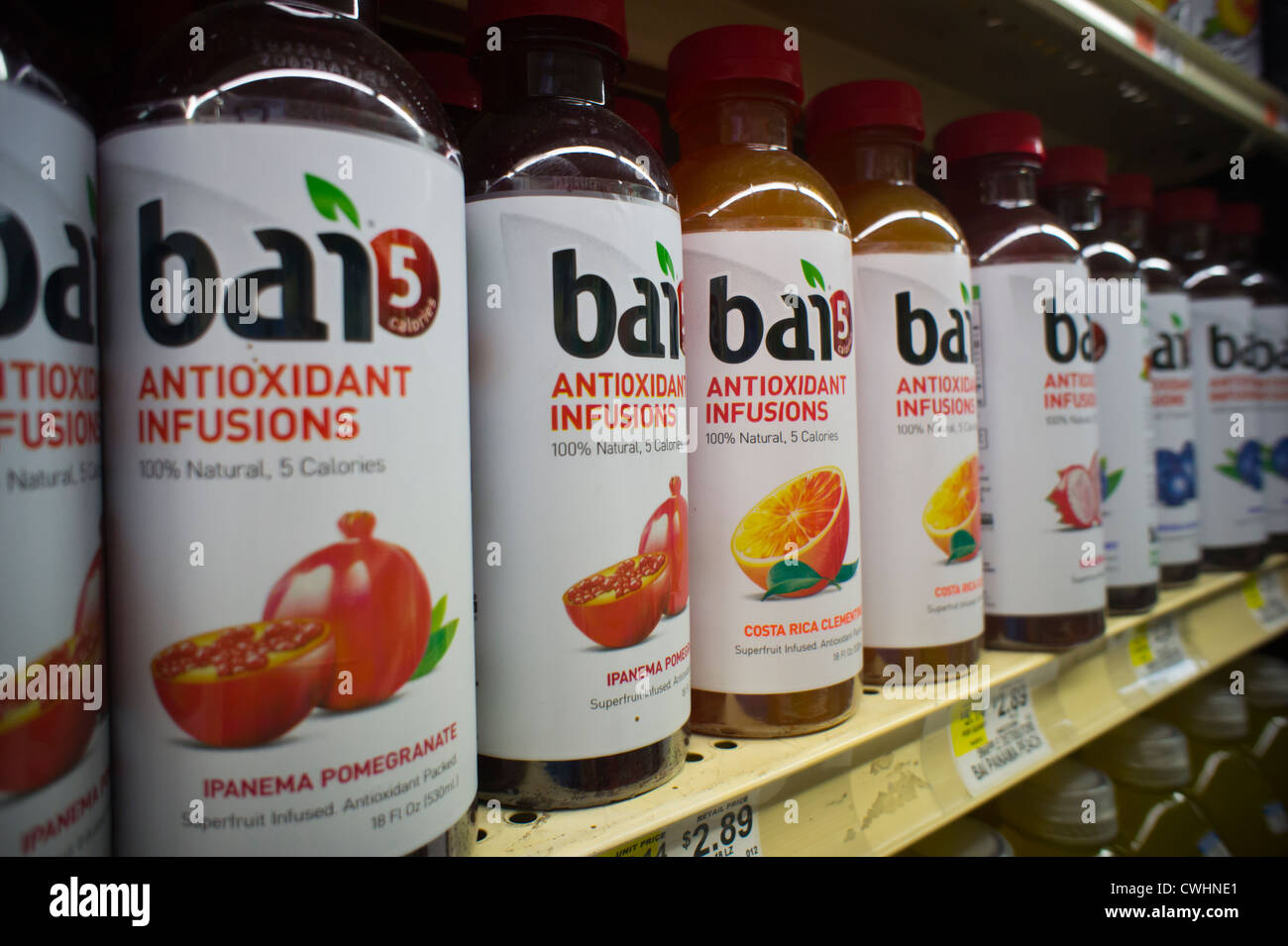 Bottles of Bai brand antioxidant infusion juice drinks are seen on a