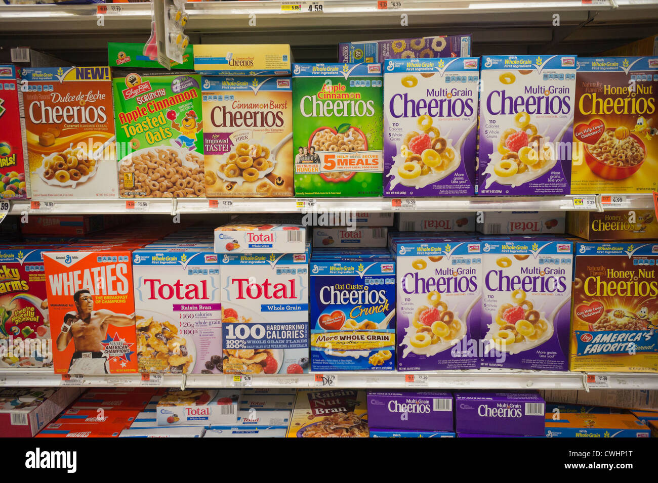 Boxes of General Mills breakfast cereals mixed in with house brand
