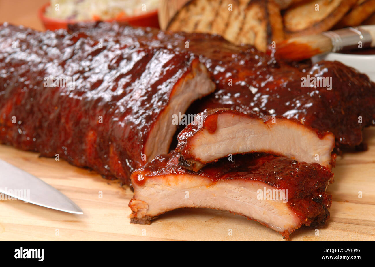 Delicious BBQ ribs with toasted bread, cole slaw and a tangy BBQ sauce