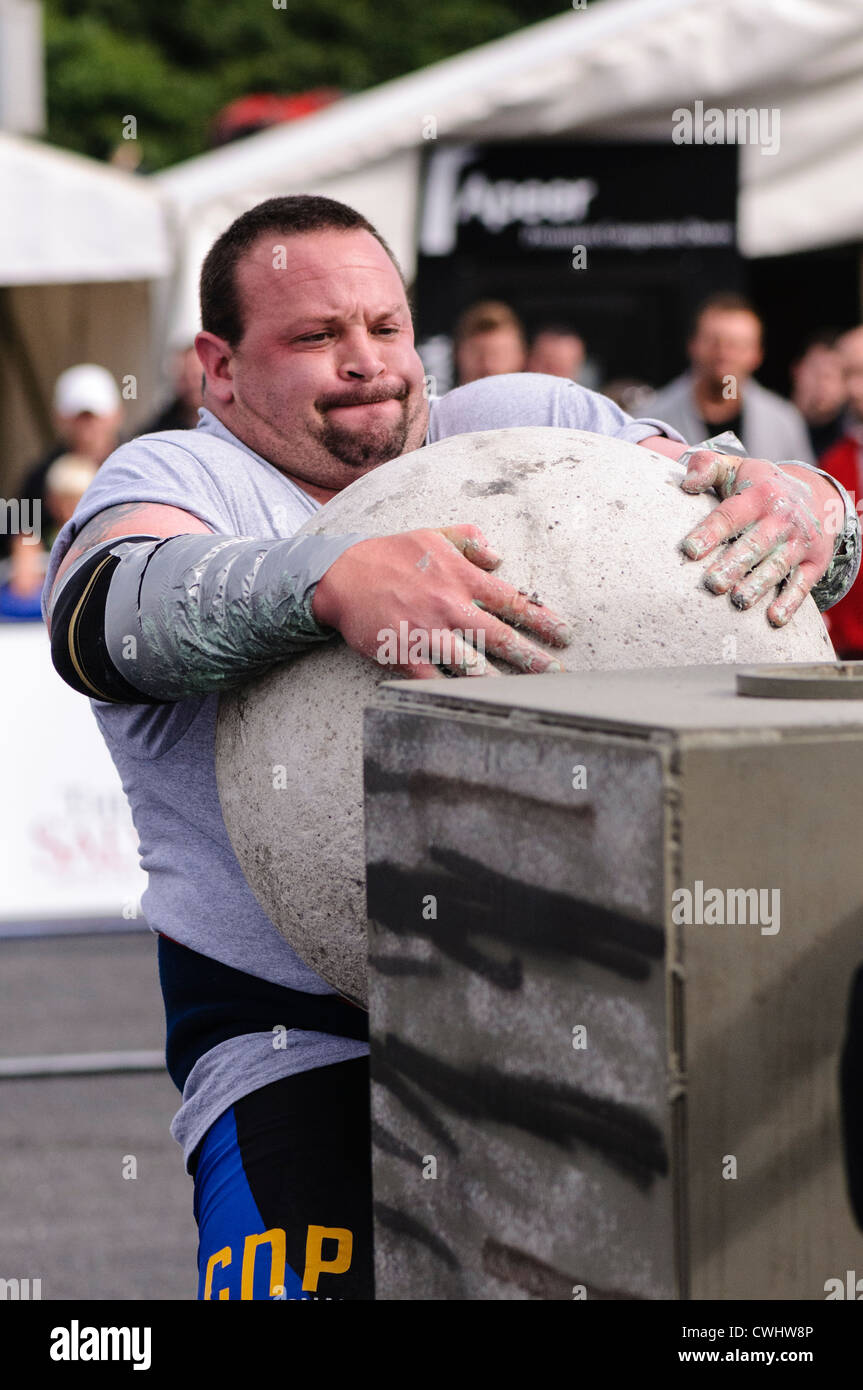 Man competing in a strongman contest lifts a very heavy Atlas Stone onto its podium Stock Photo