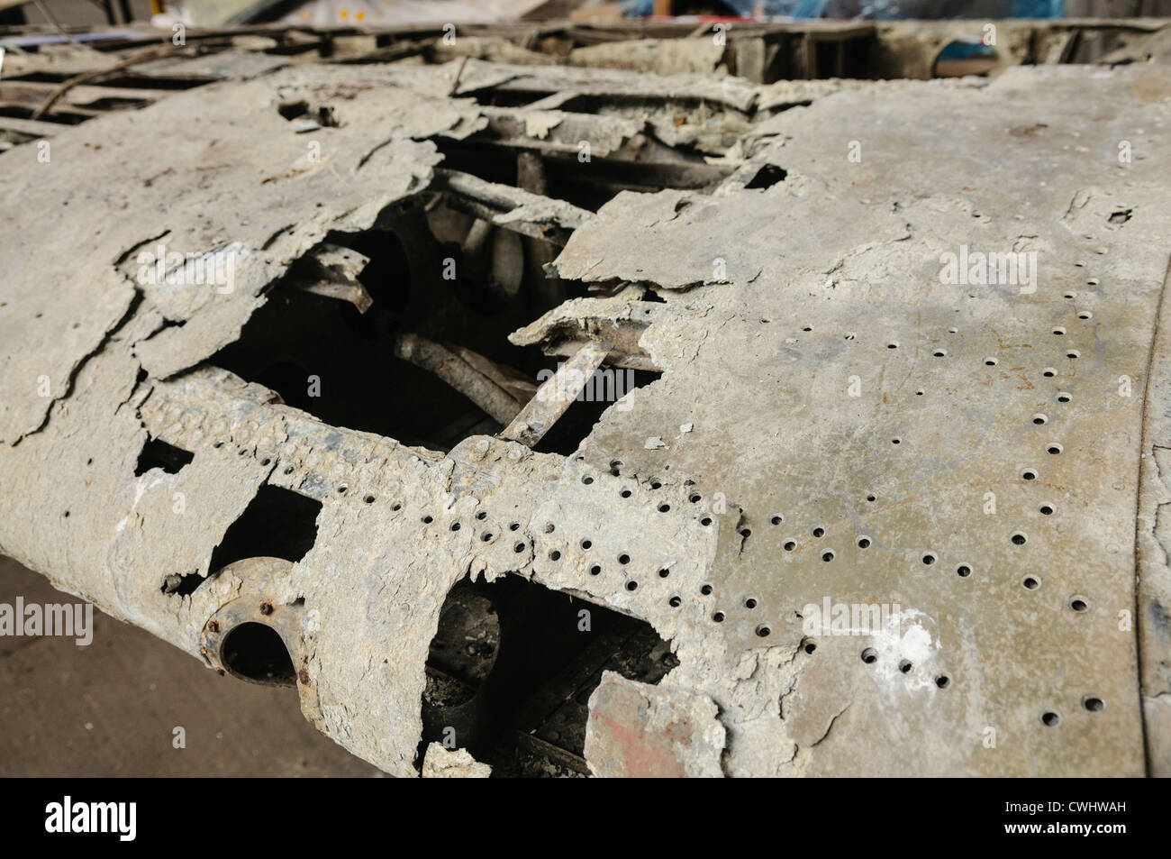 Unrestored wing from a Grumman F4F Wildcat JV482 which was ditched into Lough Neagh 1944, recovered in 1982. Stock Photo