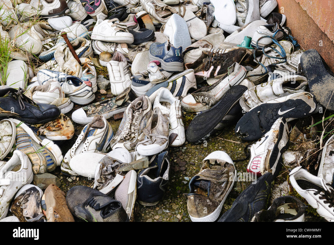 Pile of abandoned trainers Stock Photo