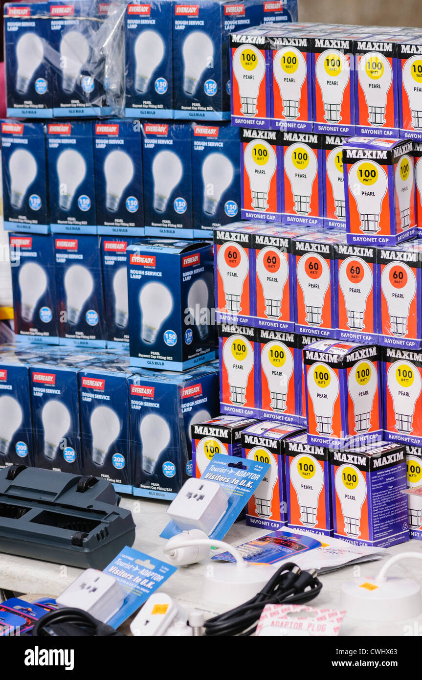 Large quantity of tungsten bulbs on sale at a market, despite being banned by the EU. Stock Photo