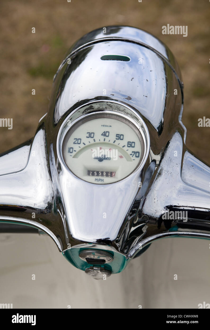 Closeup of Speedometer on a Classic Vespa Scooter Stock Photo