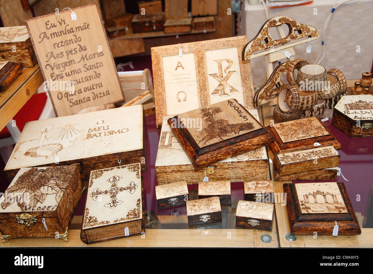 Pyrography items on display. Craftwork made in Sao Miguel island, Azores, Portugal. Stock Photo
