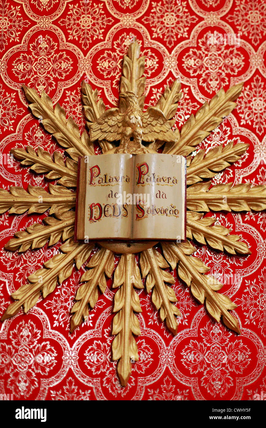 Catholic church decorations with words written in portuguese: 'The Word of God. Word of Salvation' Stock Photo
