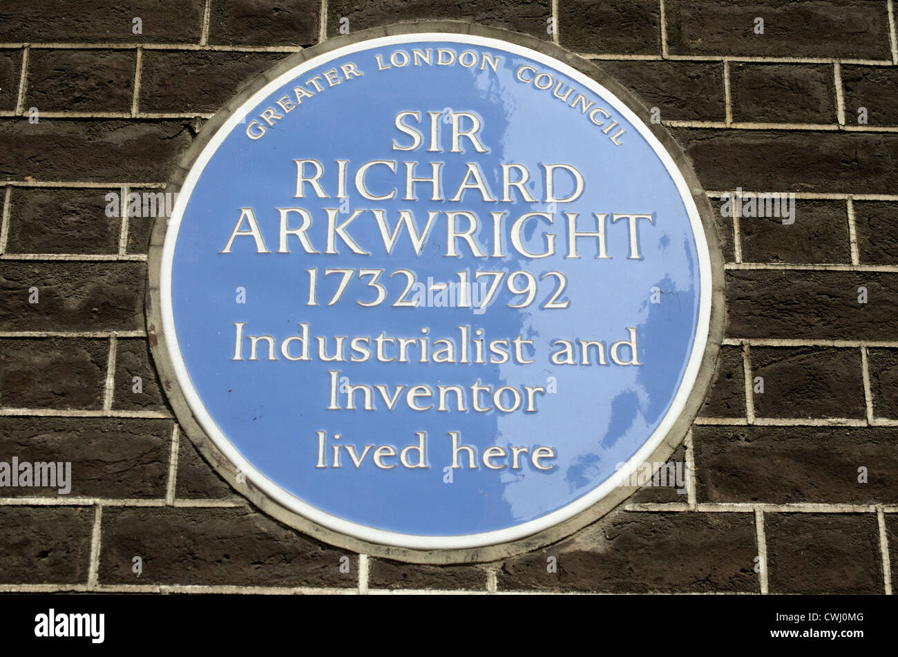 A blue plaque marking the former home of the industialist and inventor Sir Richard Arkwright, Adam St, London, UK Stock Photo