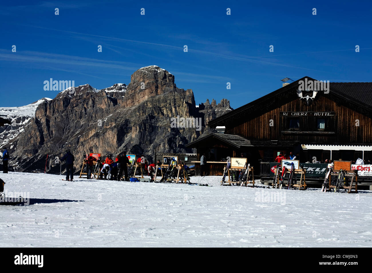 Cherz Hutte and Restaurant above Passo Campolongo Corvara Dolomites Italy Stock Photo