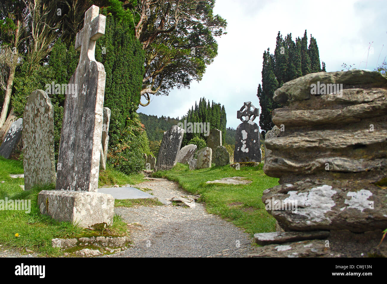 Ancient tombstones in celtic graveyard Stock Photo