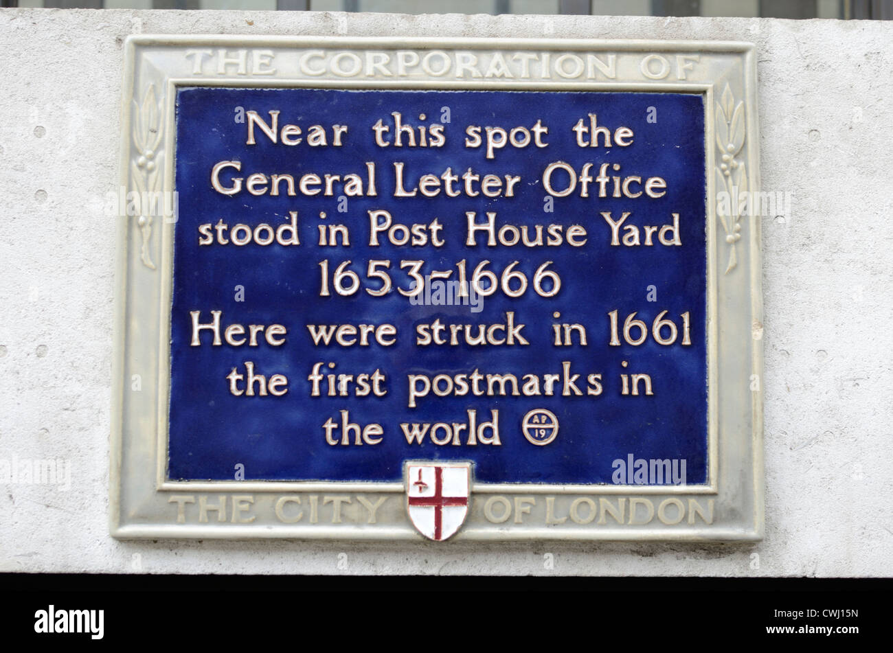 Blue plaque marking the approximate location of the General Letter Office in Post House Yard, Prince's Street, London, UK. Stock Photo