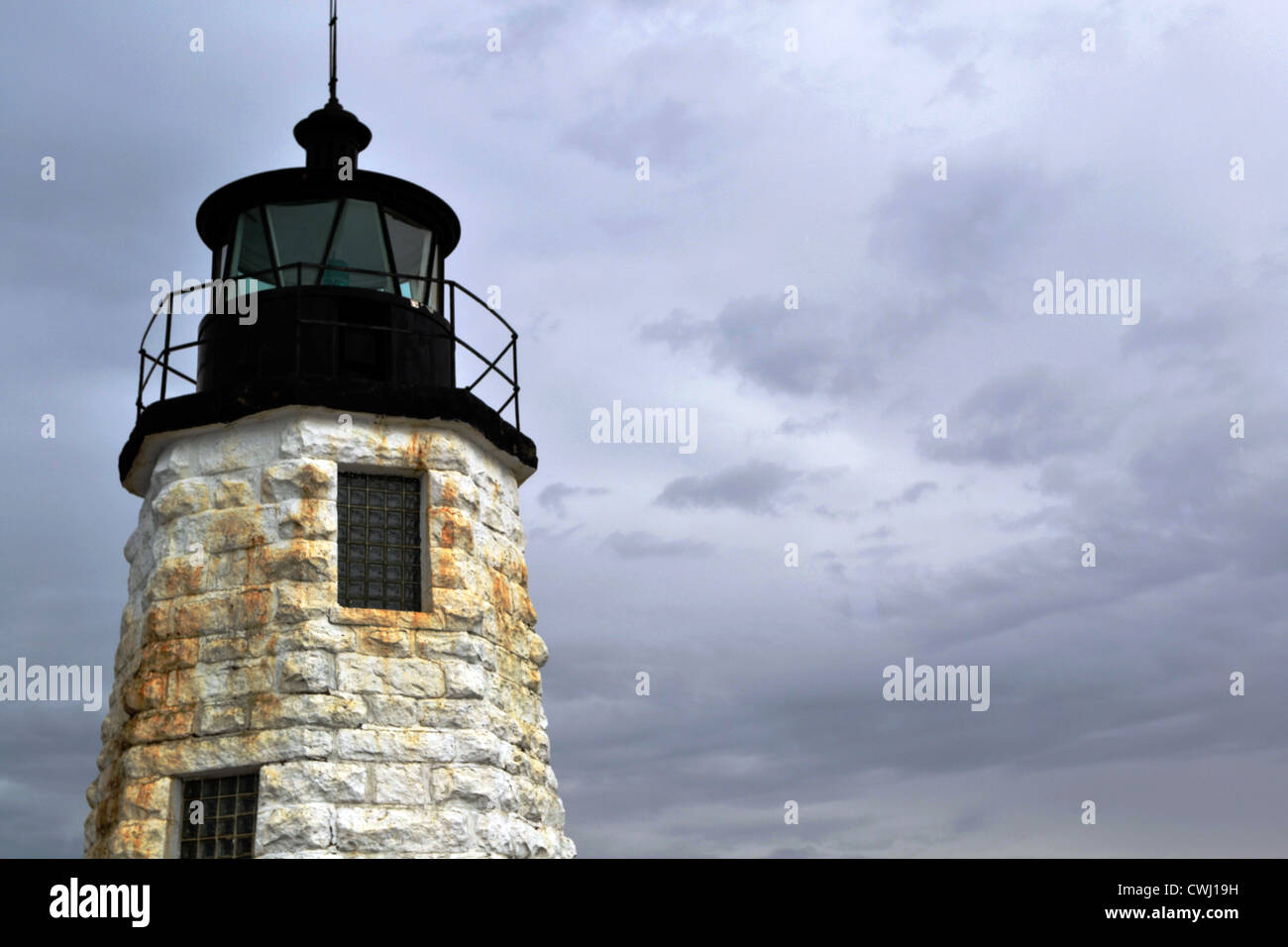The Goat Island Lighthouse stands against a clouded sky Stock Photo