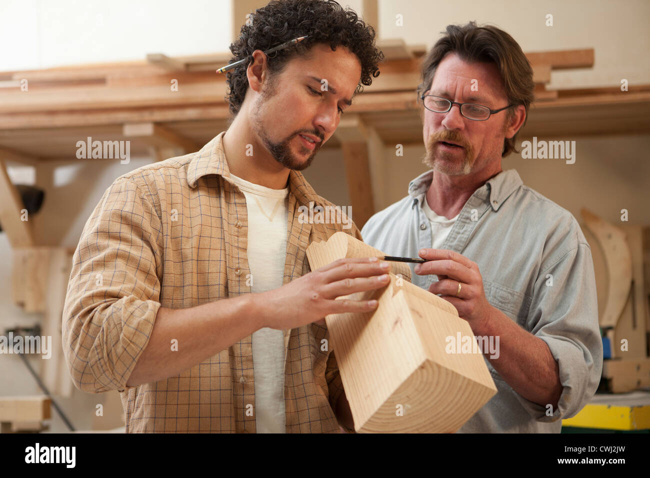 Coworkers woodworking in Stock Photo Alamy