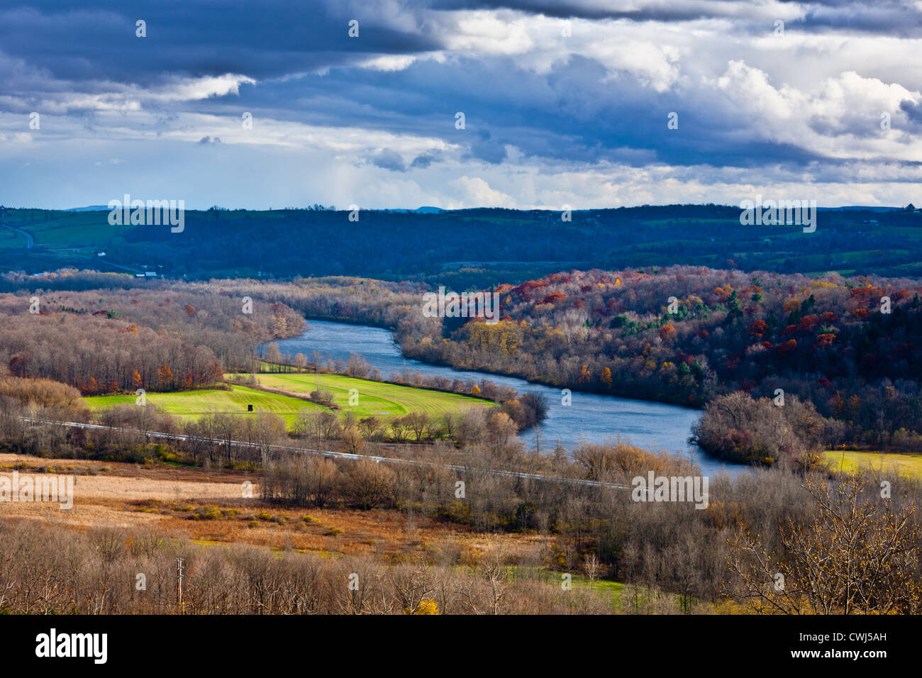 The Mohawk River winds through Mohawk Valley near Little Falls, New York Stock Photo