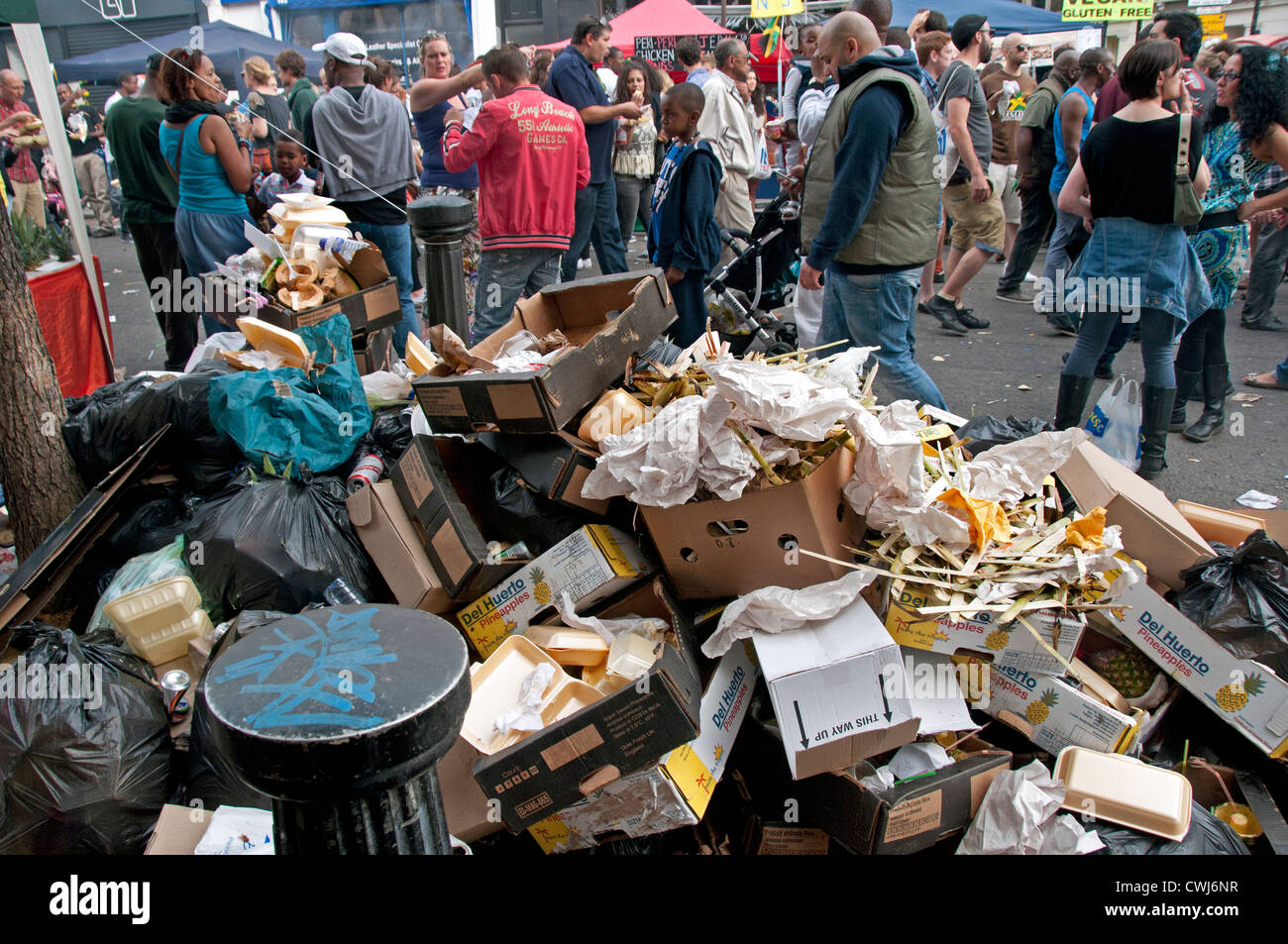 Garbage and empty food packets at  Annual Notting Hill Carnival 2012 Stock Photo