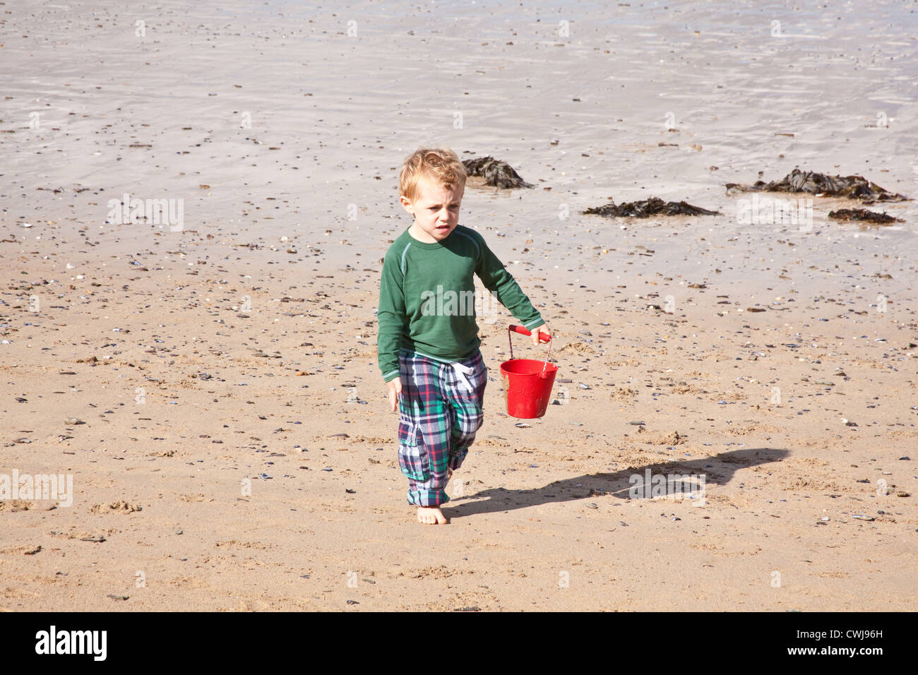 Three year old boy on the beach , Cornwall, England, United Kingdom. Stock Photo