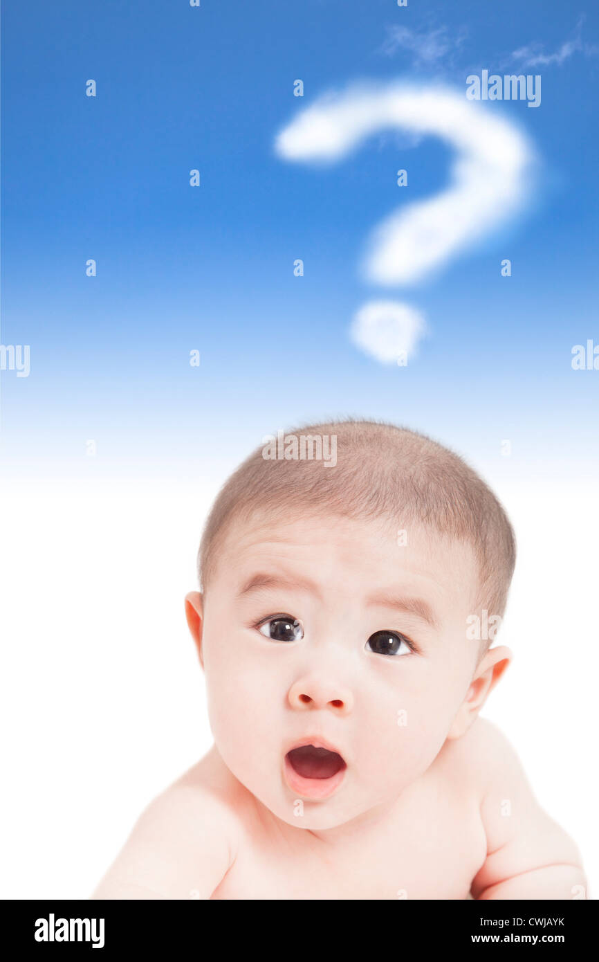 asian baby with question mark cloud Stock Photo