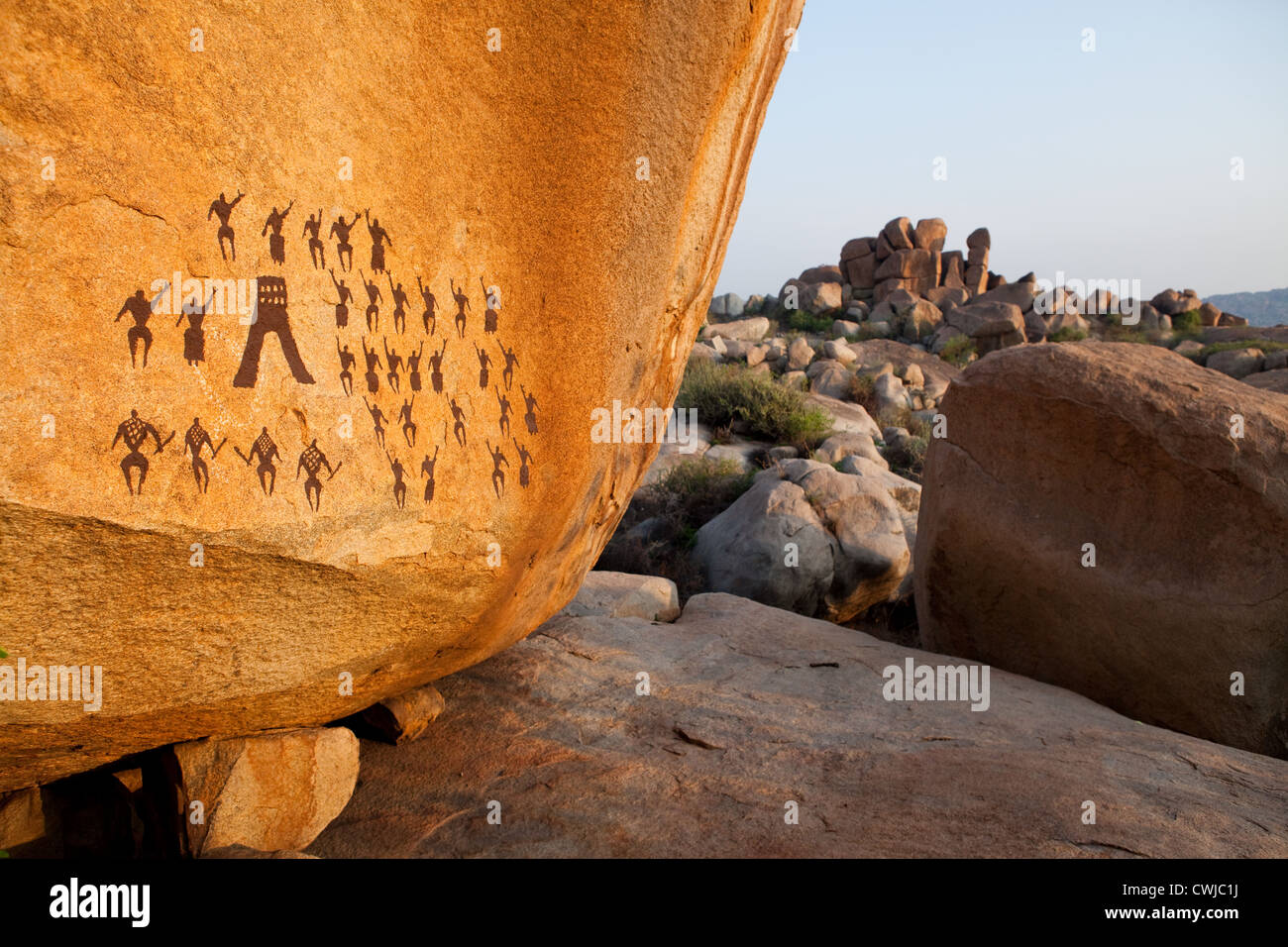 Ancient art on boulders in Hampi Stock Photo