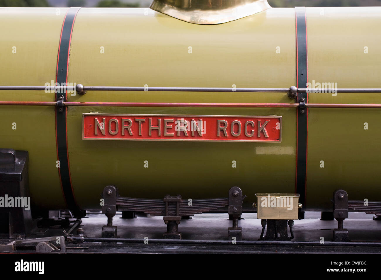 Northern Rock steam train on the Boot to Ravenglass narrow gauge railway. Stock Photo