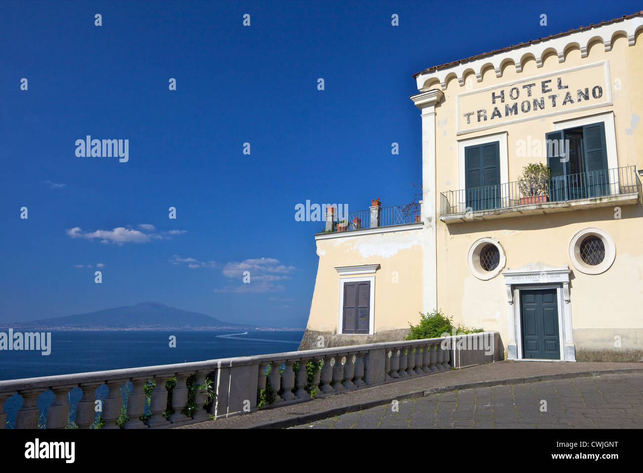 View of Vesuvius and Bay of Naples in summer sunshine from Hotel Tramontano, Sorrento, Neapolitan Riviera, Campania, Italy, Stock Photo