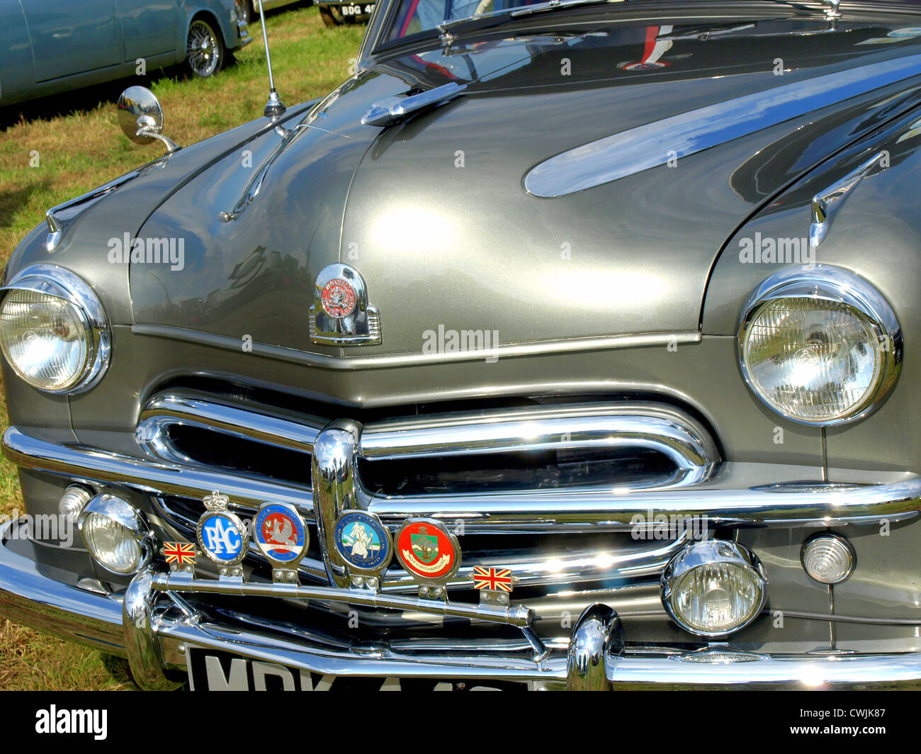 The front and bonnet (hood) of a vintage Vauxhall on display at the Moorgreen country show, Watnall, Nottinghamshire, England. Stock Photo
