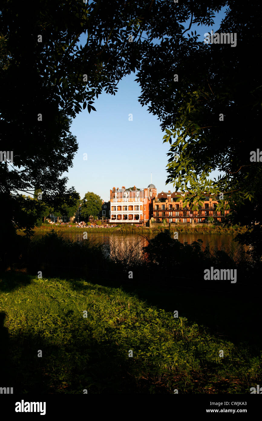 View across the River Thames to the White Hart pub in Barnes, London, UK Stock Photo