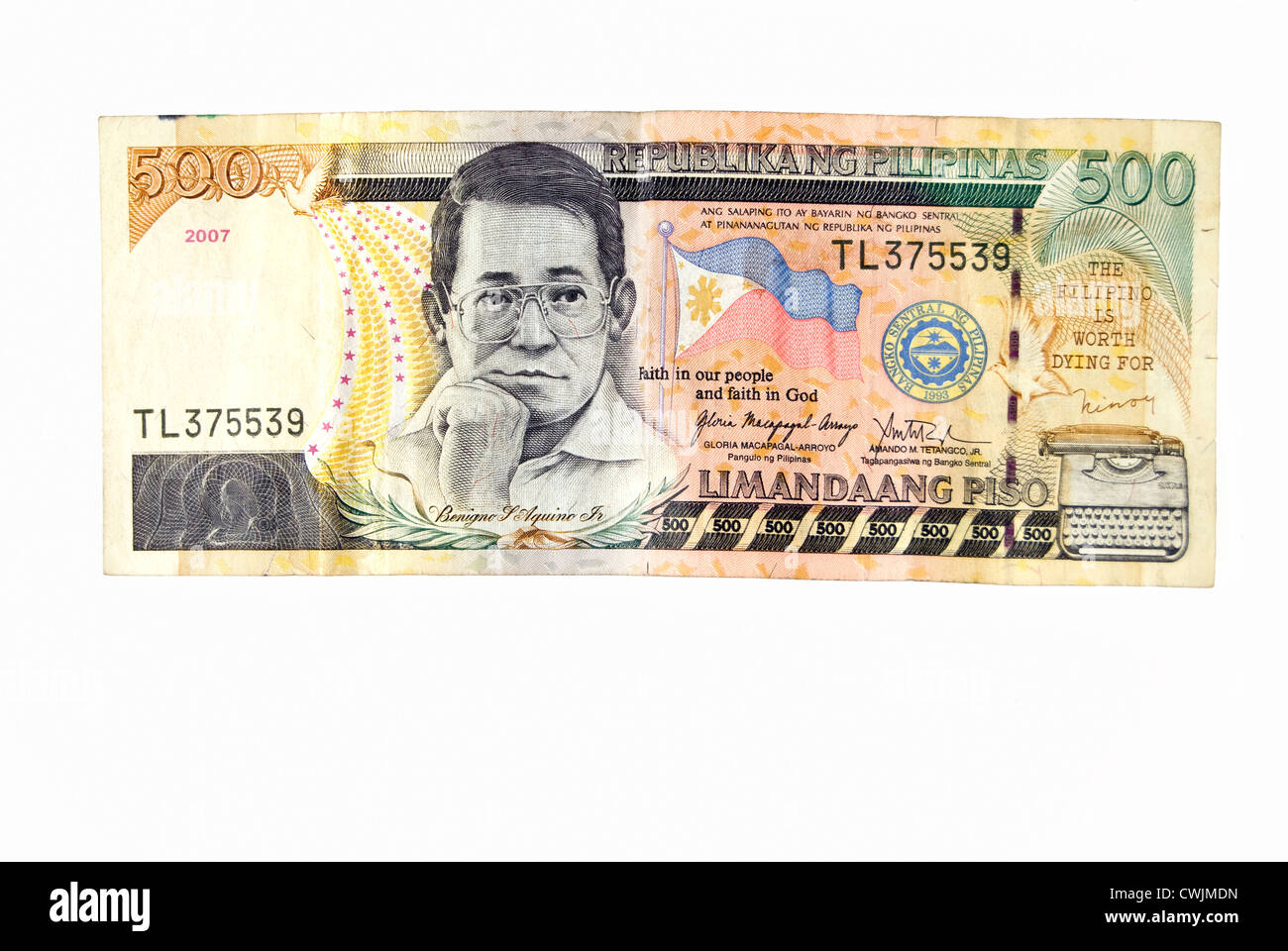 Closeup of 500-peso bills on white background Stock Photo