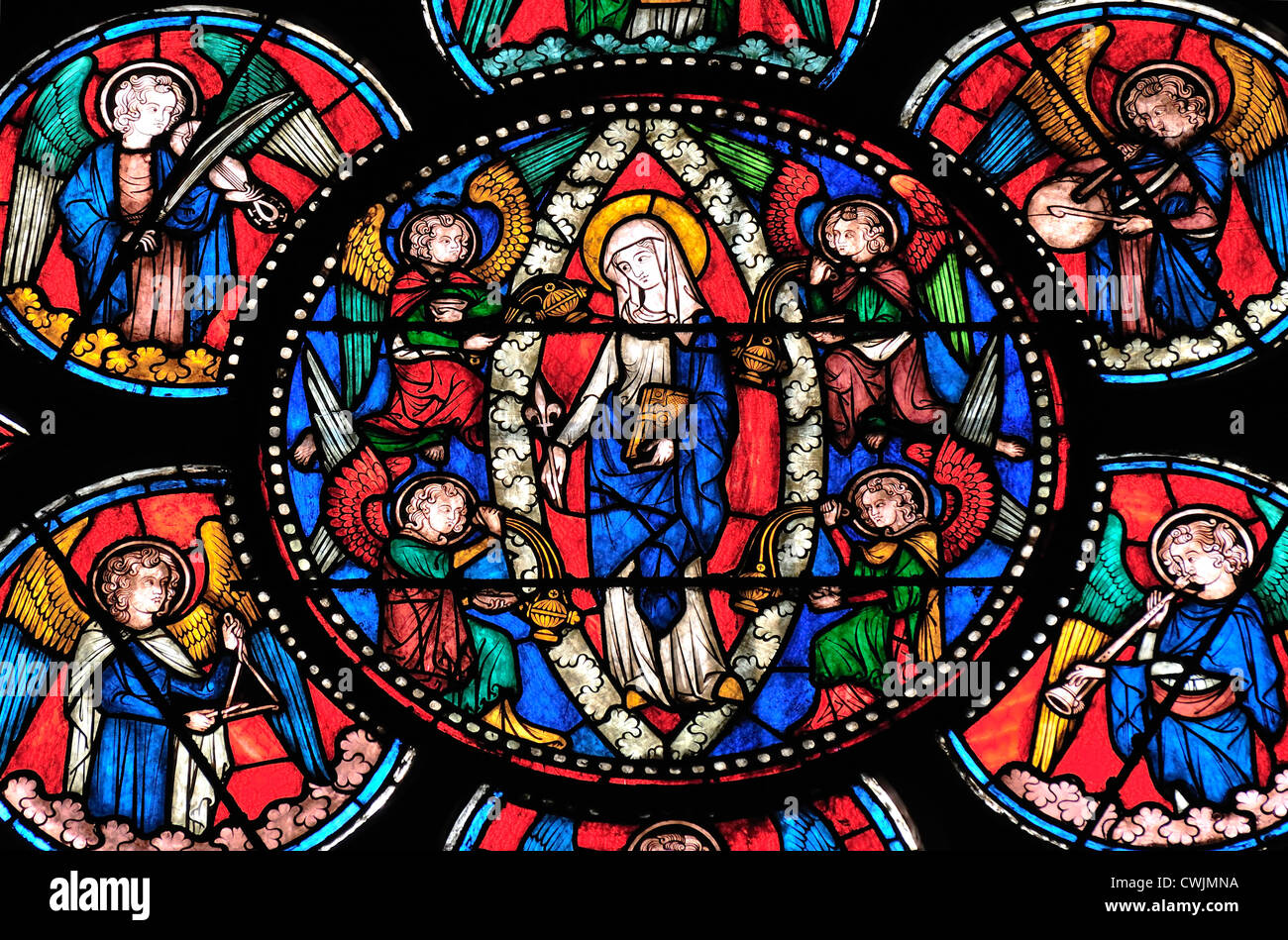 Paris, France. Notre Dame cathedral. Stained glass window - angels Stock Photo