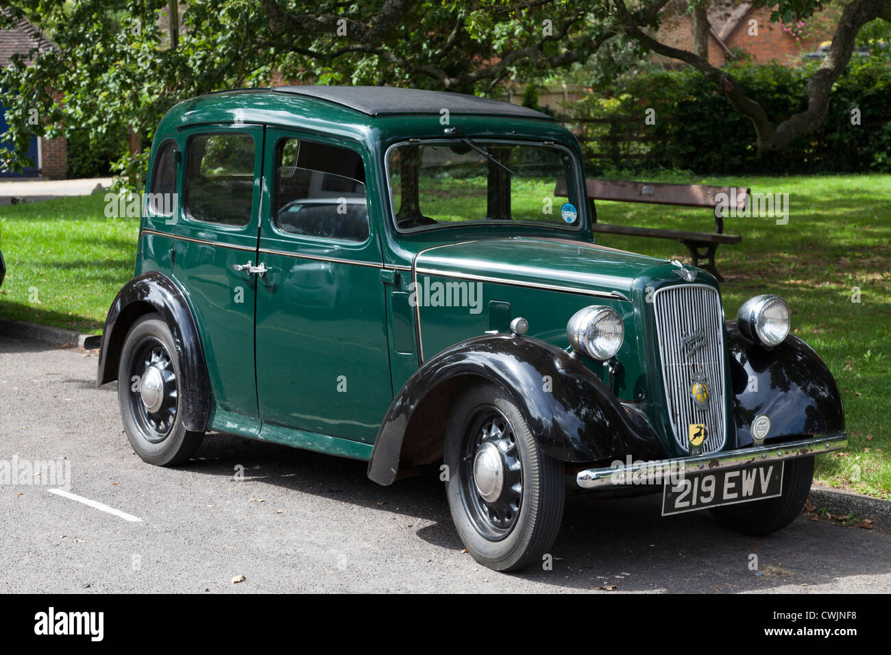 three quarters view of Green Austin Seven old motor car Stock Photo