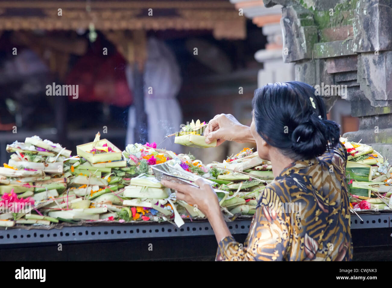 Woman placing offerings at temple, Denpasar, Bali, Indonesia Stock Photo