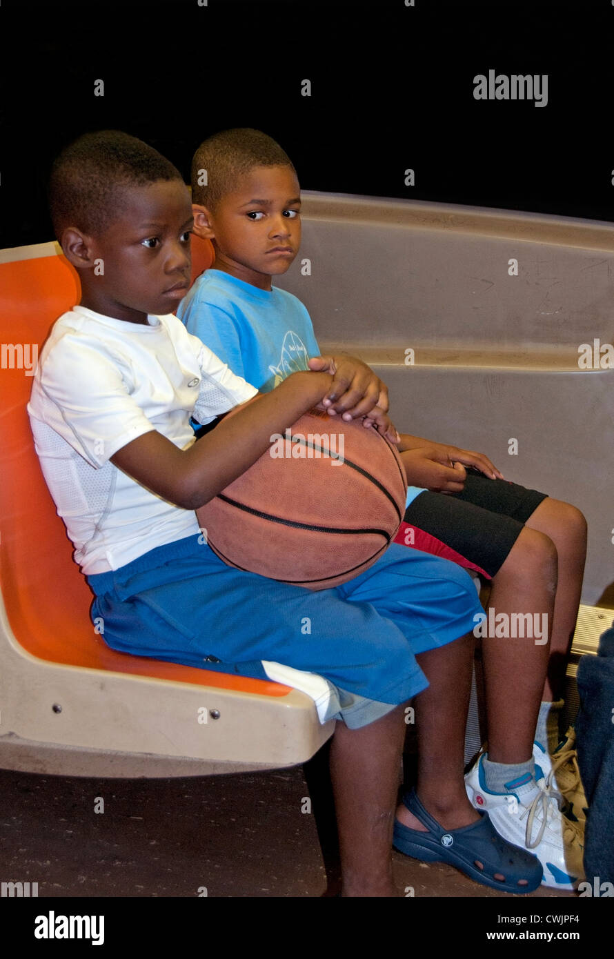 New York Manhattan basketball Young afro American small  boy boys in Subway Ball Stock Photo
