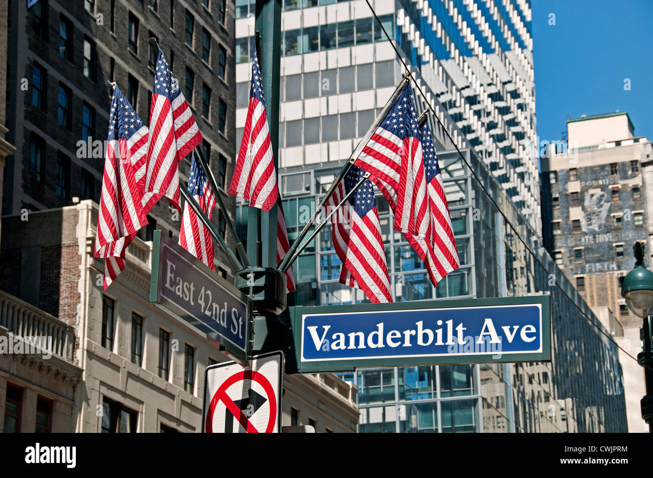 Vanderbilt Avenue East 42 street American Flags Stars and Stripes  American,  United States of America, USA Stock Photo