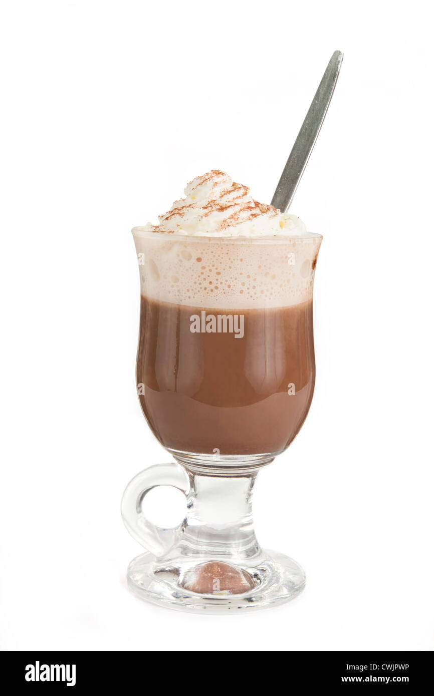 Hot chocolate whith cream on top over white Stock Photo