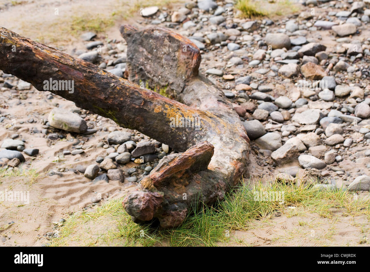 Old rusting anchor on a British beach. Stock Photo