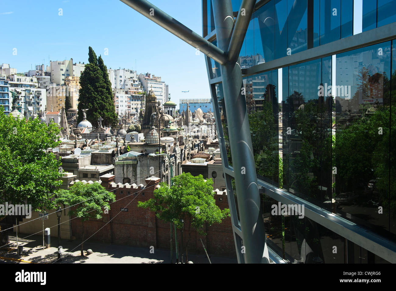 Recoleta cemetery viewed through the windows of a commercial mall, Buenos Aires, Argentina Stock Photo
