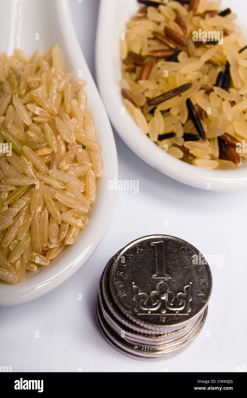 Variety of Rice and Coins Stock Photo - Alamy