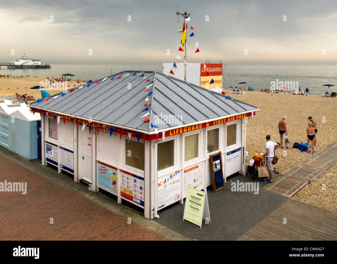 Life guards' post on the beach at Eastbourne on a beautiful Summer day