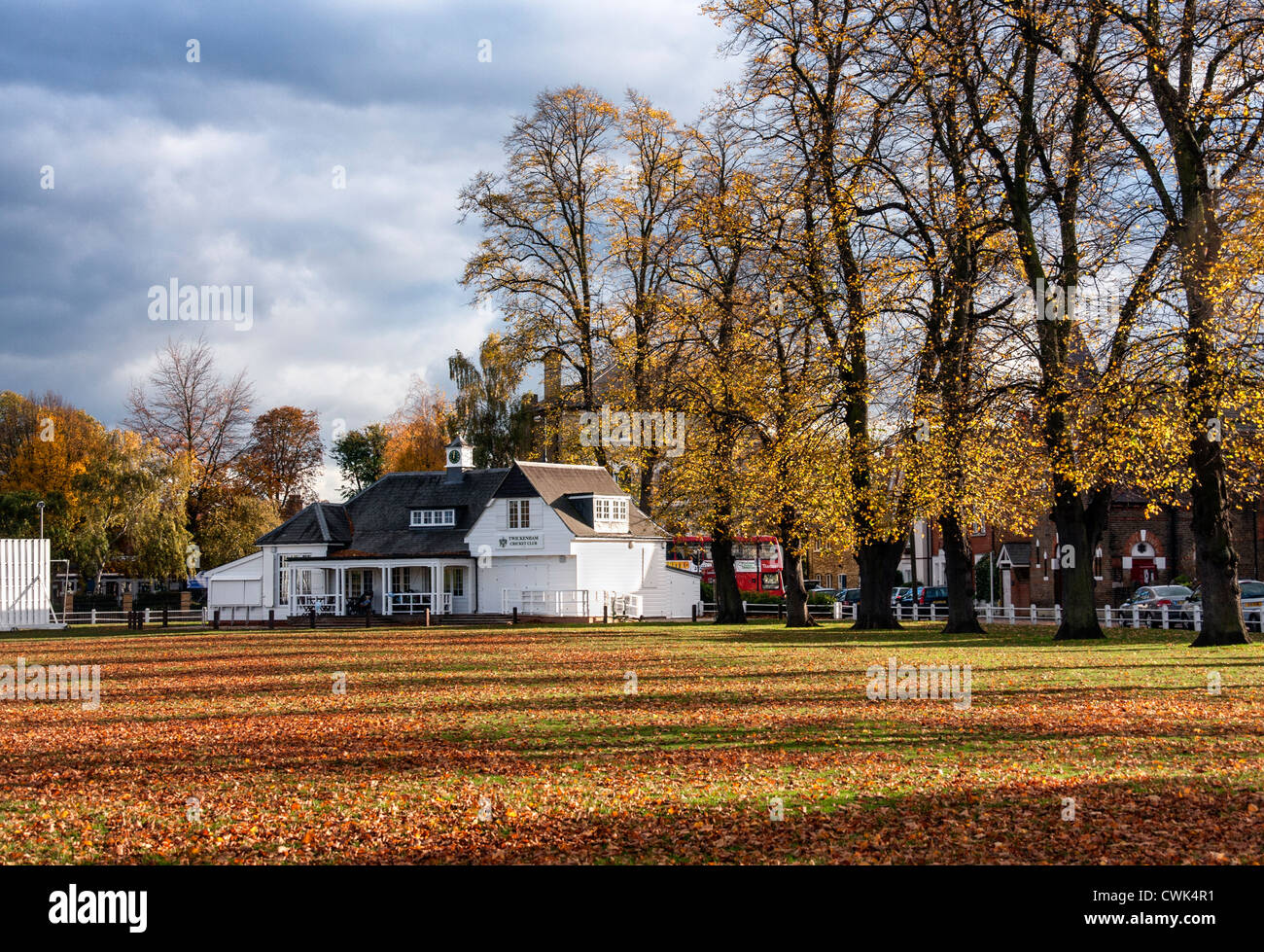 London, Twickenham Green cricket club pavilion  - a late afternoon in Autumn with colourful autumnal trees Stock Photo