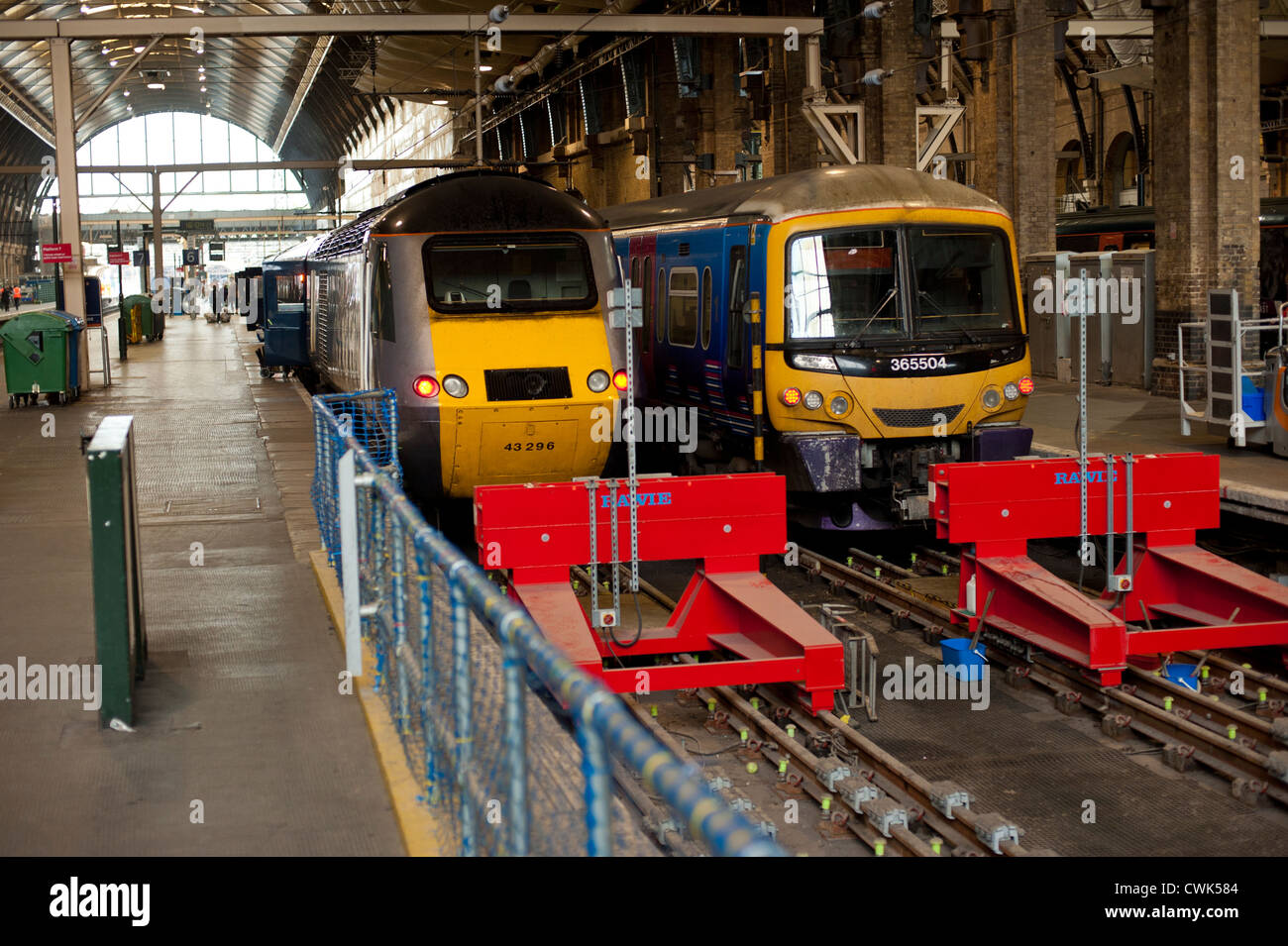 Trains waiting to depart from King's Cross train station in London