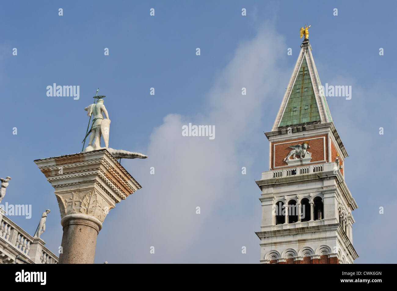St Theodore statue and Campanile in St Mark's Square, Venice, Italy ...